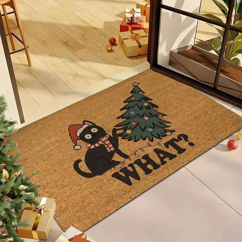 VIKAMA Black Cat and Christmas Tree Pattern Rug Bedroom Entryway Doormat Soft Comfortable Floor Mat Home Decor H260226
