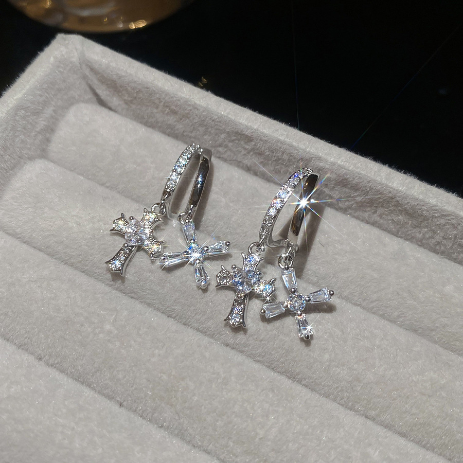 Silver needle zircon C-shaped cross pendant niche high-end earrings, minimalist trendy unique earrings for women - view 4