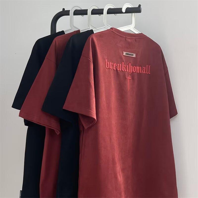 Luxury Brand Designer Clothes 2025 Suede Short-Sleeve T-Shirt For Men, Summer American Style, Heavy-Duty Embossed Oversize Loose Half-Sleeve Trendy Te