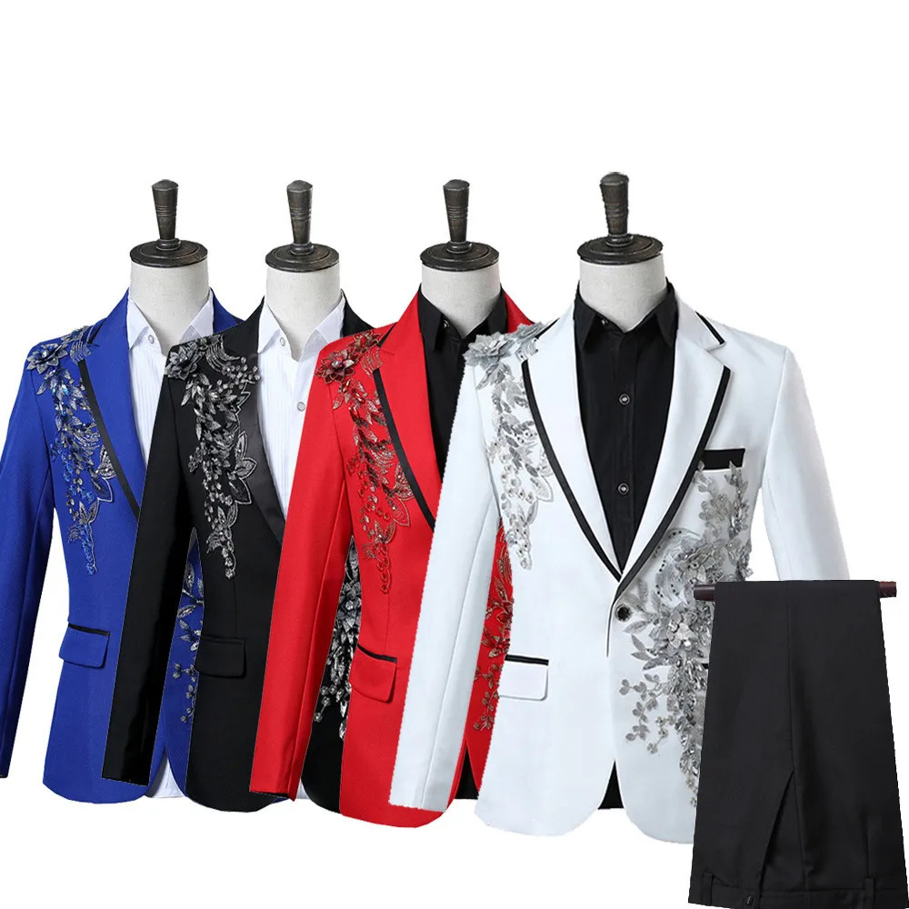 Elegant Appliqued Twopiece Mens Suit for Wedding Banquet Host Dance Prom Christmas Costume Men Blazer Chinese Style 260227