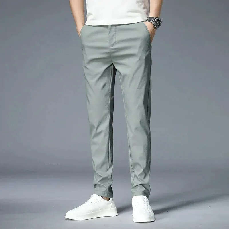 Clothing Skinny Jeans Summer Ultra thin Men's Casual trousers Slim Straight Elastic Ice Silk Sports Jogging Pants Fashion Korean Black Khaki Gree - view 5