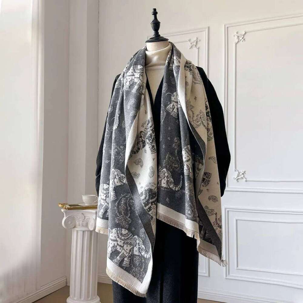 New Brand Elegance Two-Sided Jacquard Scarf Cashmere Soft Warm Fringe Pashmina Elephant Shawl Winter Coldproof Windproof Blanket Z260226