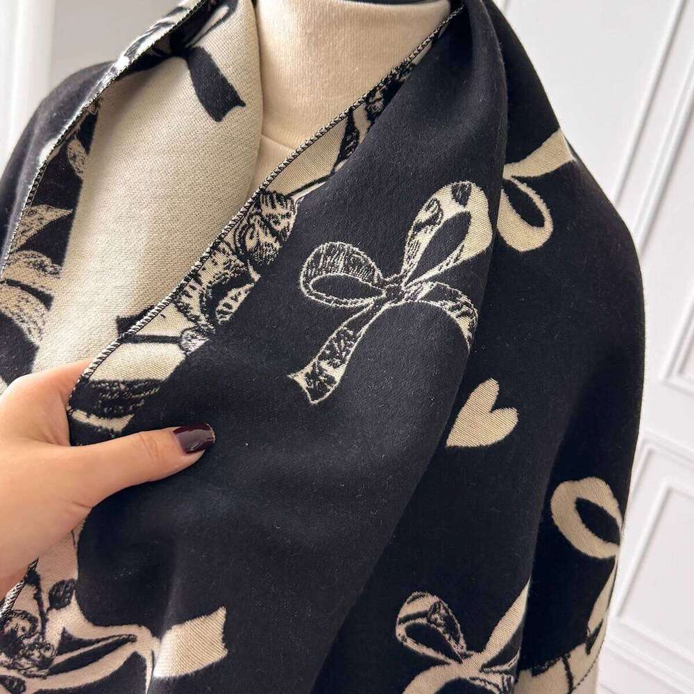 Women New Elegance Bow Print 2025 Winter Warmer Pashmina Two-Sided Scarves Female Shawls Thick Blanket Wraps Foulard Scarf Z260226