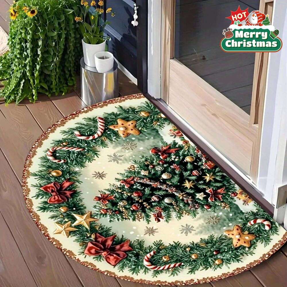 VIKAMA Christmas Theme Half Round Doormat Pine Bow Festive Decorative Rugs For Entryway Living Room Ins Style Home Decoration H260226