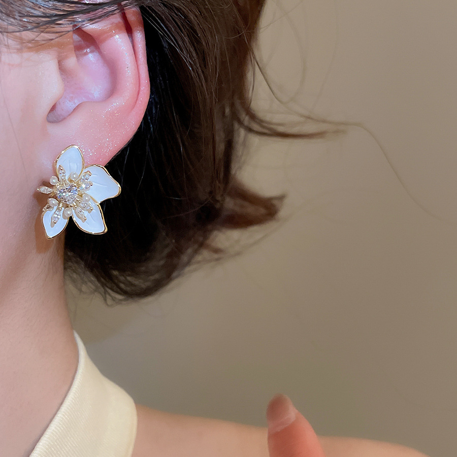 Silver needle oil-drip zircon flower bow vintage elegant sweet temperament earrings, light luxury high-end earrings - view 8