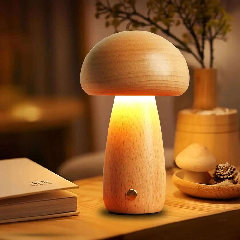 Wooden Creative Mushroom Night Light Stepless Dimming Bedside Table Lamp 3 Color Rechargeable Sleeping Nightlights For Room Z260227