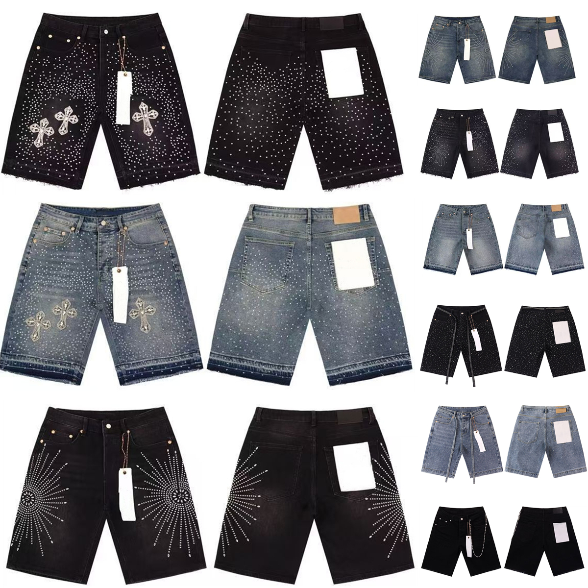 designer mens shorts men jean shorts rhinestone pants cotton relaxed zipper fly midweight knee length beads casual streetwear short homme jorts men designer shorts