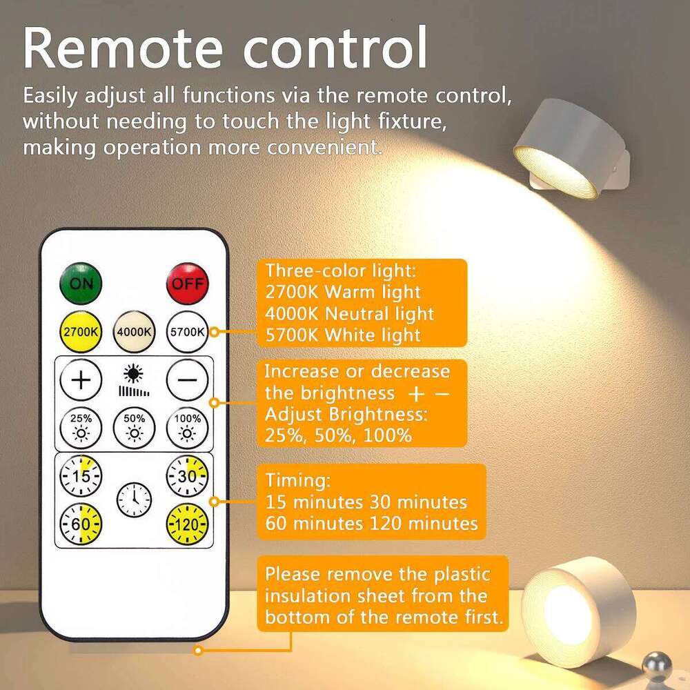 LED Lights with Remote, Rechargeable Wall Mounted Reading Sconces Lamp 2000mAh, 3 Colors & Dimmable Magnetic 360 Rot Z260227