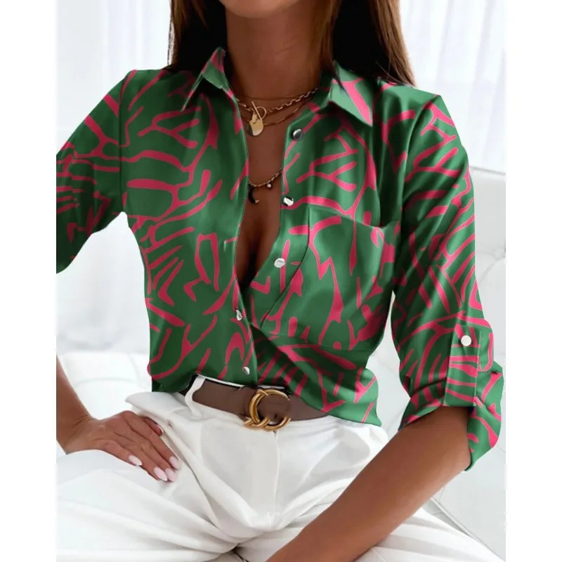 Elegant Womens Shirt Spring/Summer Womens Commuter Long Sleeved Shirt Fashion Printed Lapel Holiday Casual Shirt 260227