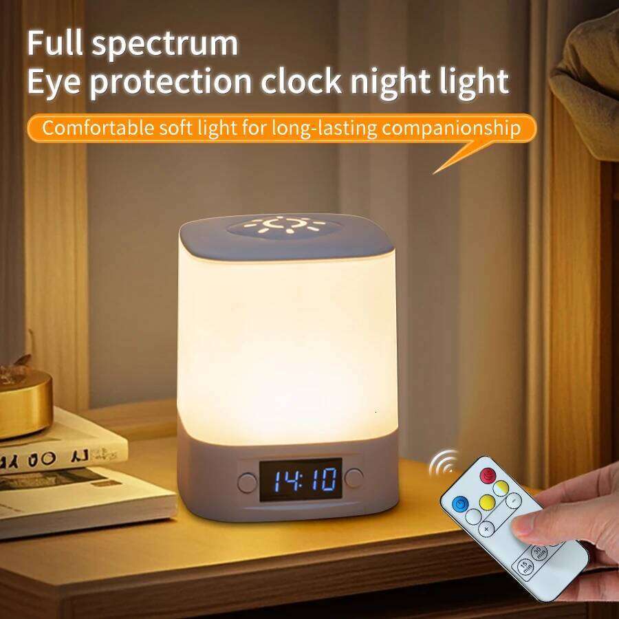 Rechargeable LED with Remote Clock Time Display Eye Protection Reading Lamp Dimmable for Bedroom Bedside Night Light Z260227