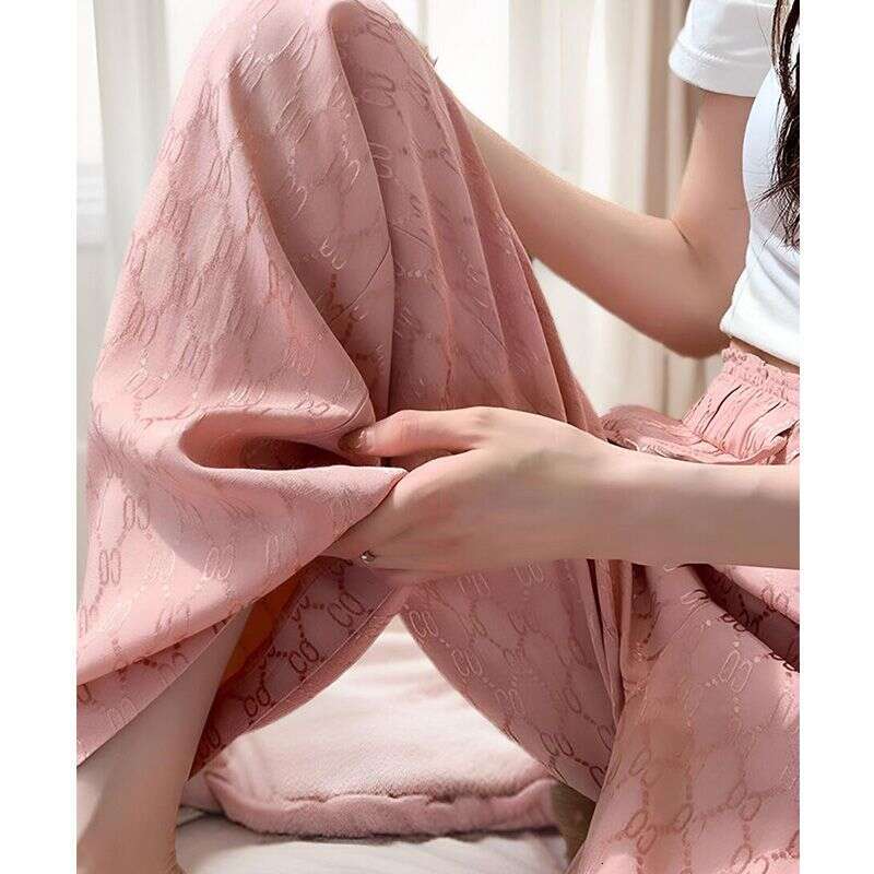 Jacquard Large-Size Ice Silk Wide-Leg For Women, Summer Thin High-Waisted Loose Slimming Casual Straight-Leg Floor-Length Pants