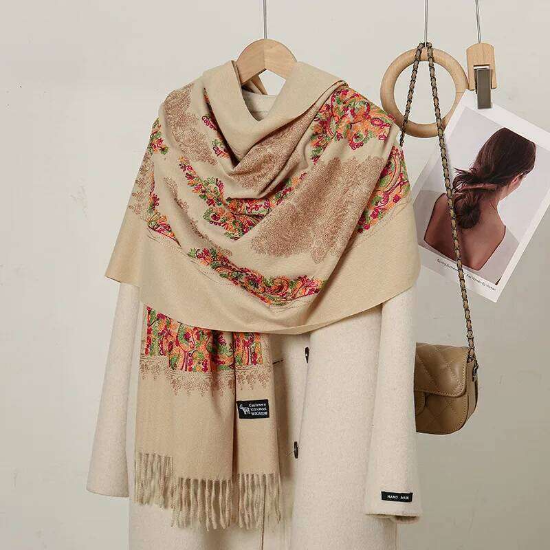 New Diamond-shaped Embroidered Imitation Cashmere Scarf Female Popular Ethnic Style Thickened Warm Fringed Shawl Z260226