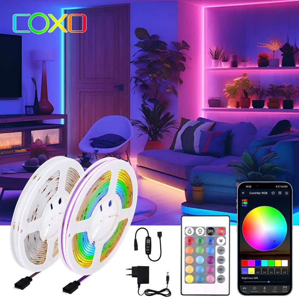 RGB COB Strip Lights with RF Remote Controller Set 2880 LEDs DC24V Flexible 16.4ft LED Tape Light Indoor Decor Lighting Z260226