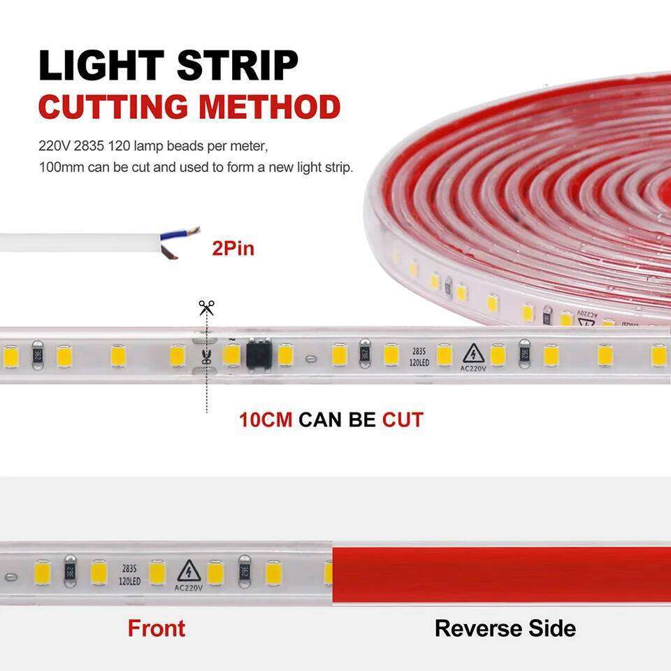 AC 2835 Led Strip Lights Dimmable 220V 230V 120 LEDs/m 0.5m 1m 2m 5m 10m 20m 50m Waterproof High Brightness Diode Tape Adhesive Z260226