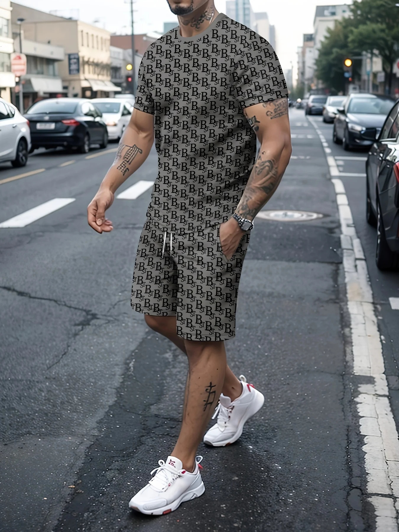 Fashion Art Aesthetics Carton People Print Tracksuit for Men Summer Mens Beach Jogging Sets Casual O-neck Tshirt Shorts Set 260227