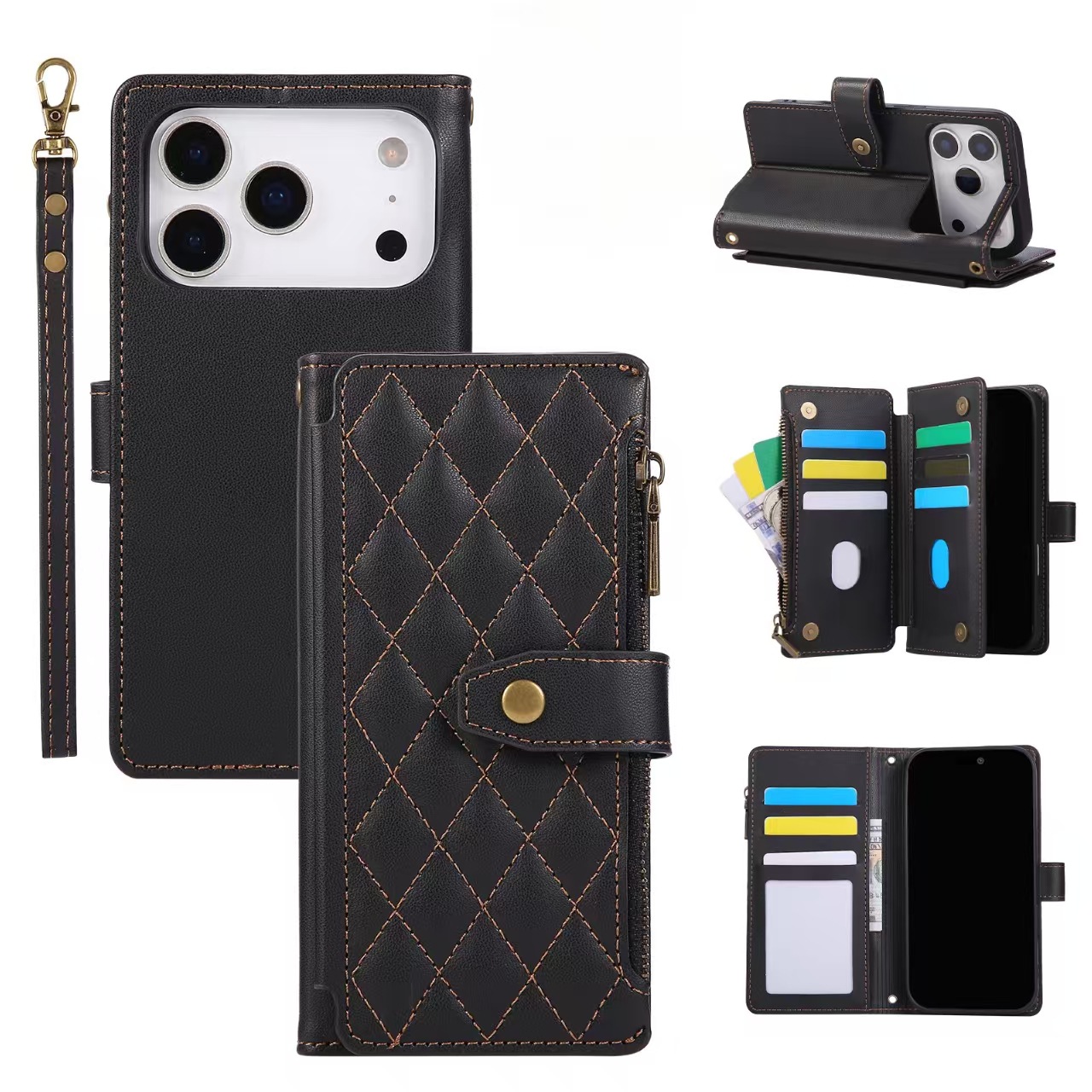 Small fragrant rhombus mobile phone case flip zipper can hold cards Apple 12-17 series leather protective case
