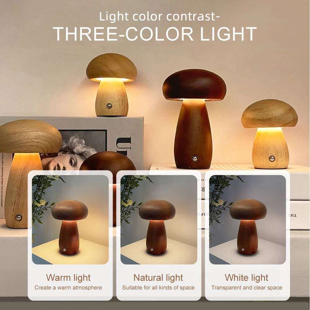 INS Wooden Creative Mushroom Night Light Stepless Dimming Bedside Table Lamp 3 Color Rechargeable Sleeping Nightlights For Room Z260227