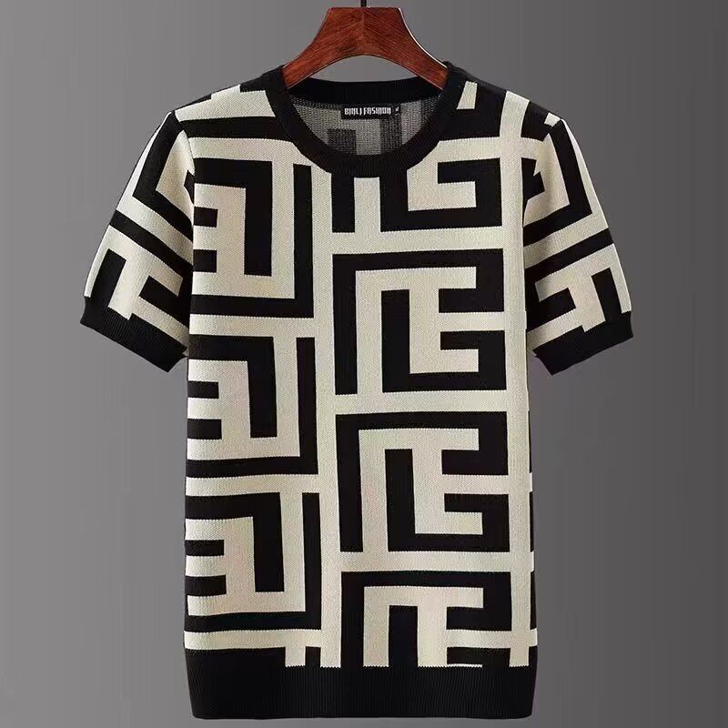 Luxury Brand Designer Clothes Summer Short Sleeve Sweater Men Half Sleeve Knitted Shirt Thickened Geometric Pattern New Street Style Slim Fit Round Ne