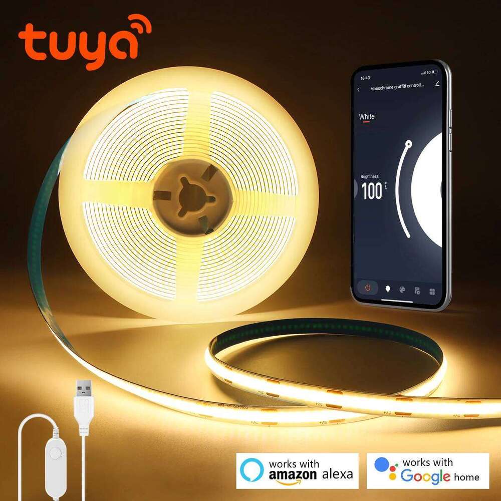 DC5V USB Tuya WiFi COB LED Strip Light App Control Dimmable Work With Alexa/Google Home Room Kitchen Cabinet Decor Lighting Z260226