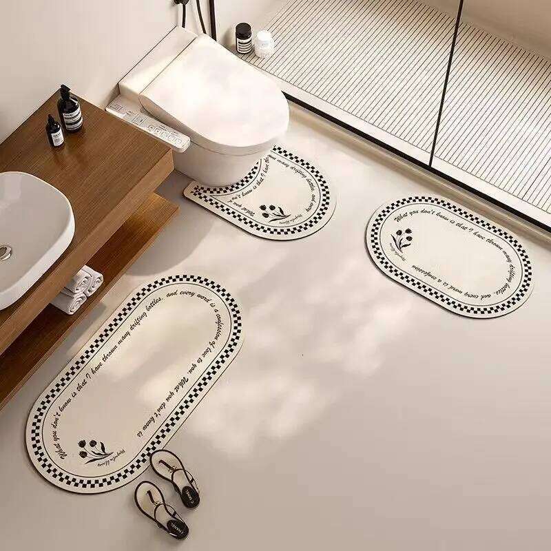 VIKAMA Luxury Bath Mat - Beige/Black Floral, Non-Slip, Super Absorbent with "BEAUTIFUL" Print for Master/Guest Bathroom H260226