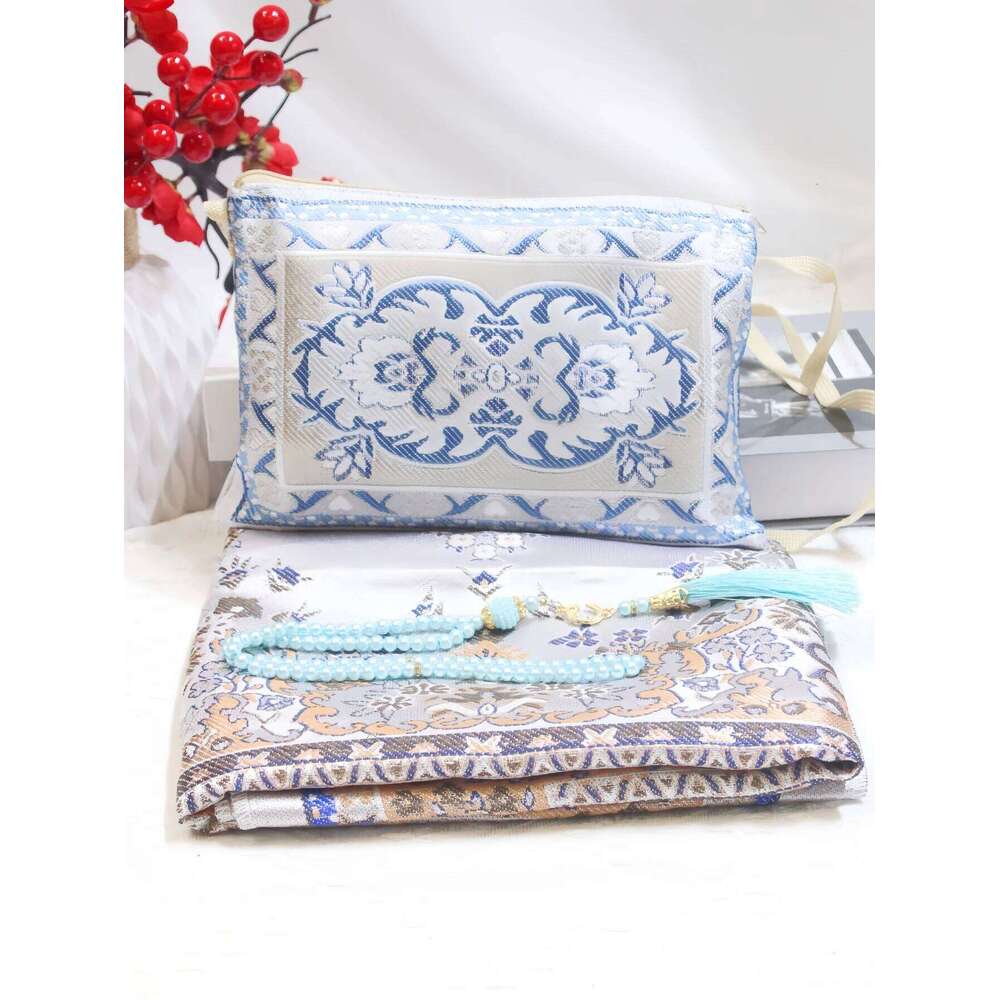 Rug With Prayer Beads and Portable Bag Muslim Gift Islamic Soft Mat Gifts Set Turkish Carpet For Ramadan Eid Hajj H260226