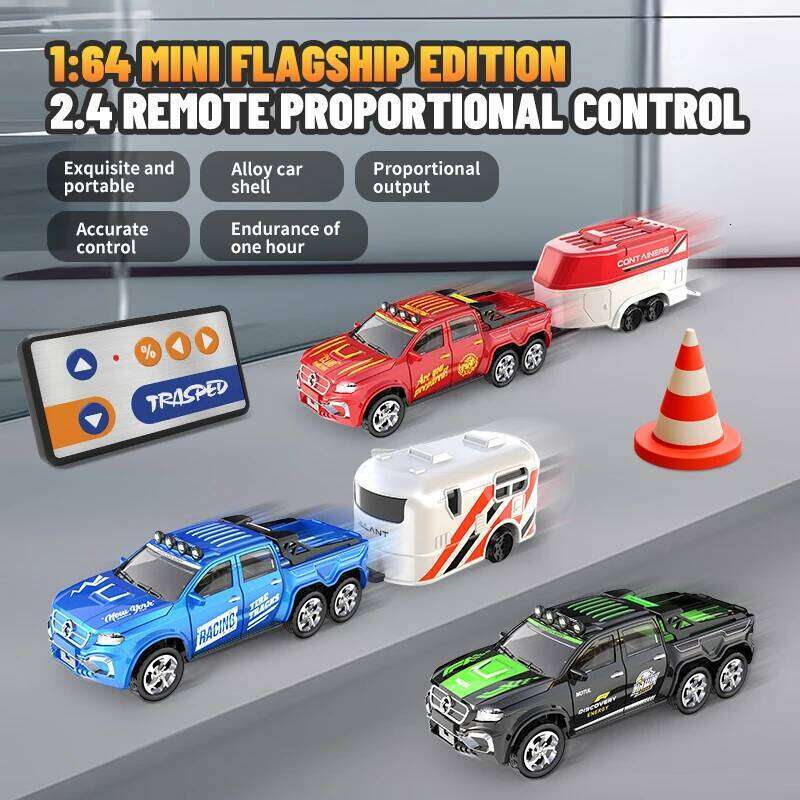 1:64 Metal Alloy Proportional Remote Control Vehicle Model 2.4GHz Mini Simulation RC Car With Trailer H260227