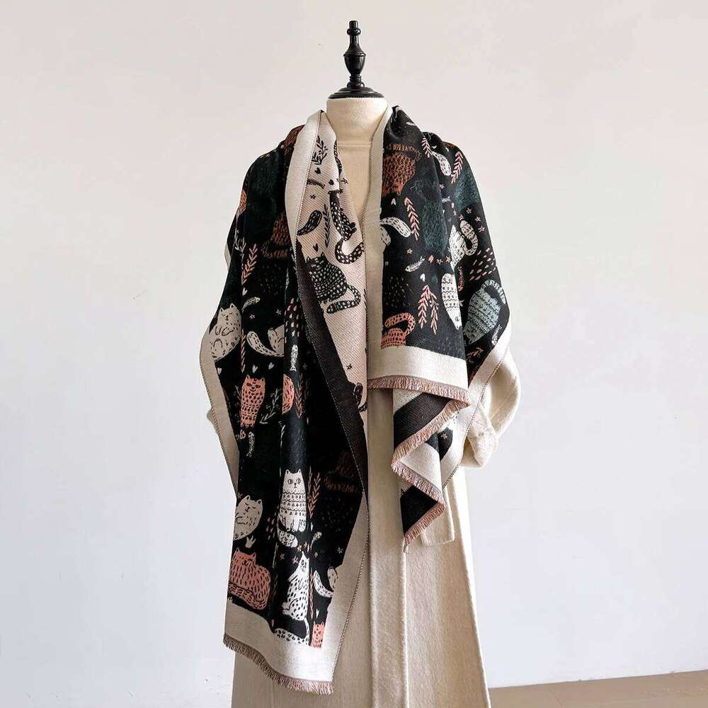 Cute Cartoon Jumping Cat Shawl Female 2025 Spring New Korean Version Autumn Winter Warm Shoulder Neck Versatile Scarf Z260226