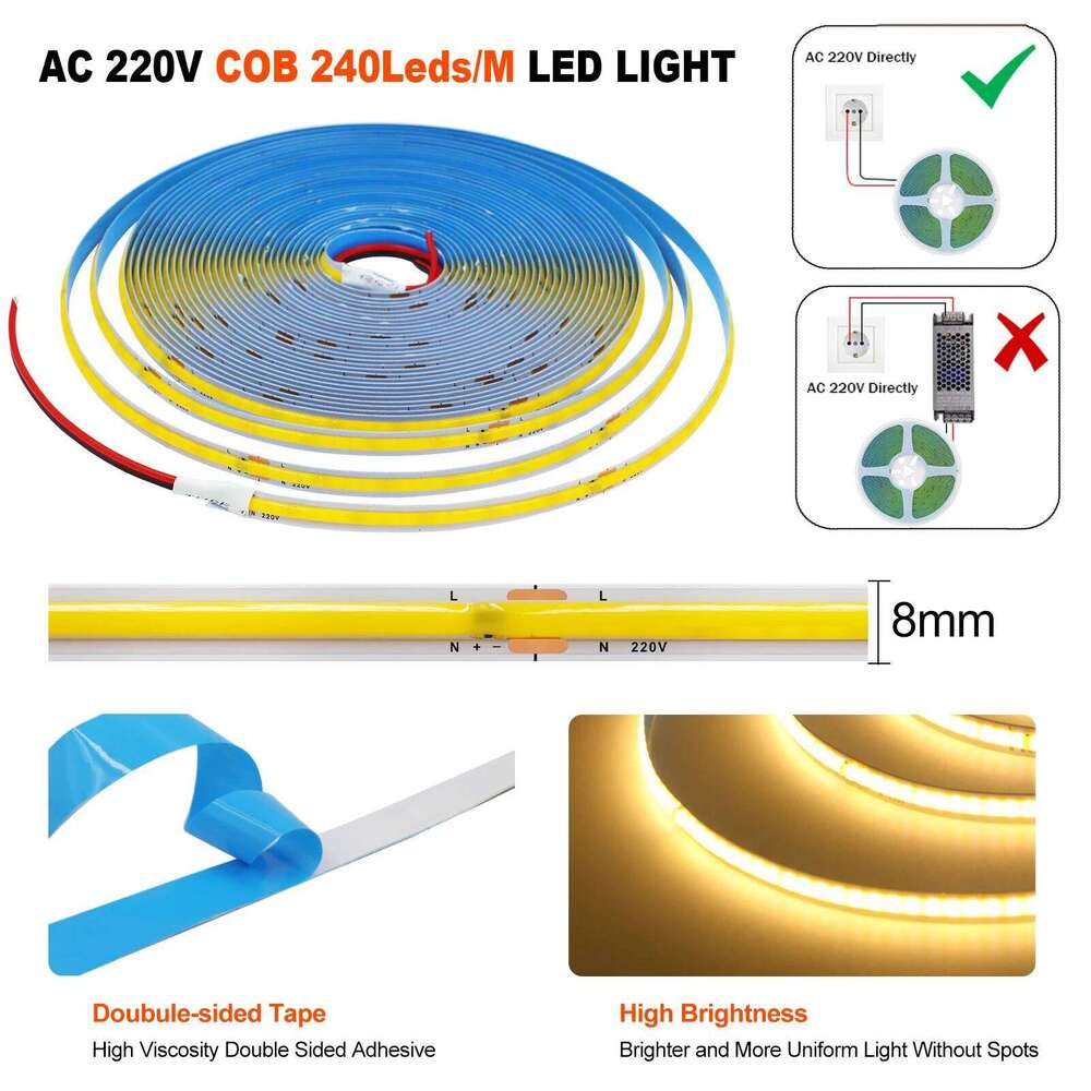 AC 220V COB Strip IP20 3000K 4000K 6000K Home Decor High Brighter 240Leds/M Flexible Ribbon Rope Tape LED Light 5M 10M 50/Roll Z260226