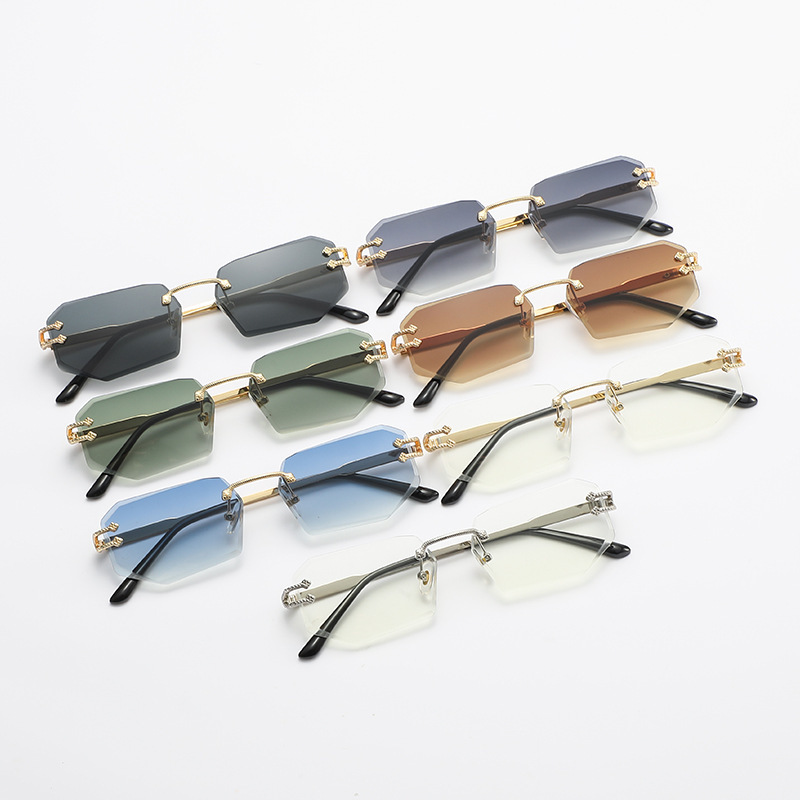 2026 fashion UV400 women's glasses new luxury small frame metal sunglasses custom logo fashion rimless diamond cut sunglasses