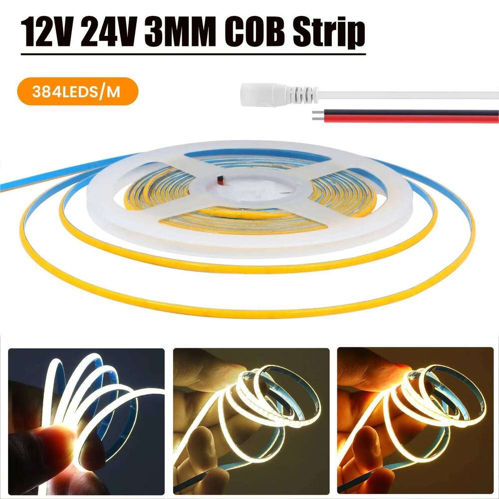 Narrow Width 3MM DC 12V 24V COB Strip 384Leds/M 3000K 4000K 6000K Warm/Natural White Home Decor Flexible Ribbon Rope LED Light Z260226