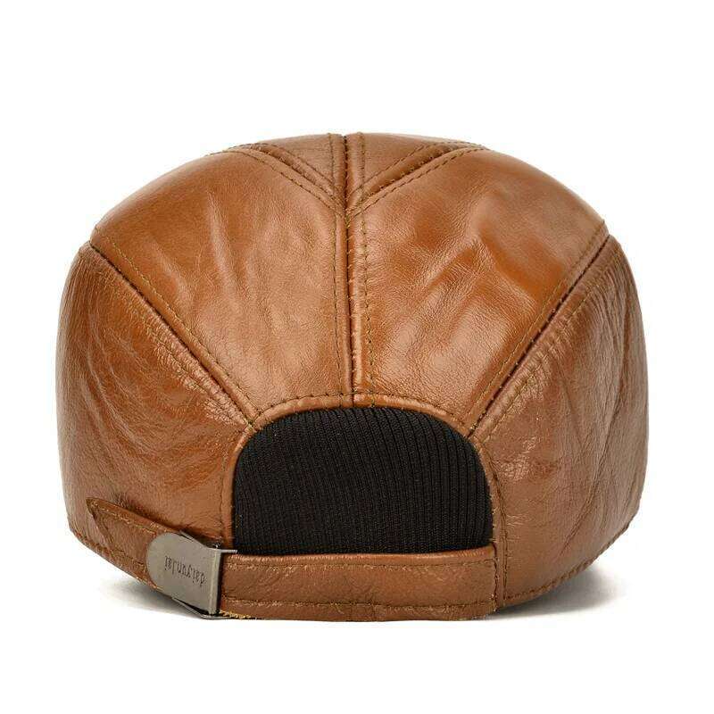 Genuine Cow Leather Caps Men with Cotton Inside Ear-protecting Headband Brown Black Kufi Hats High-end Winter Cool Hiking Hat Z260226