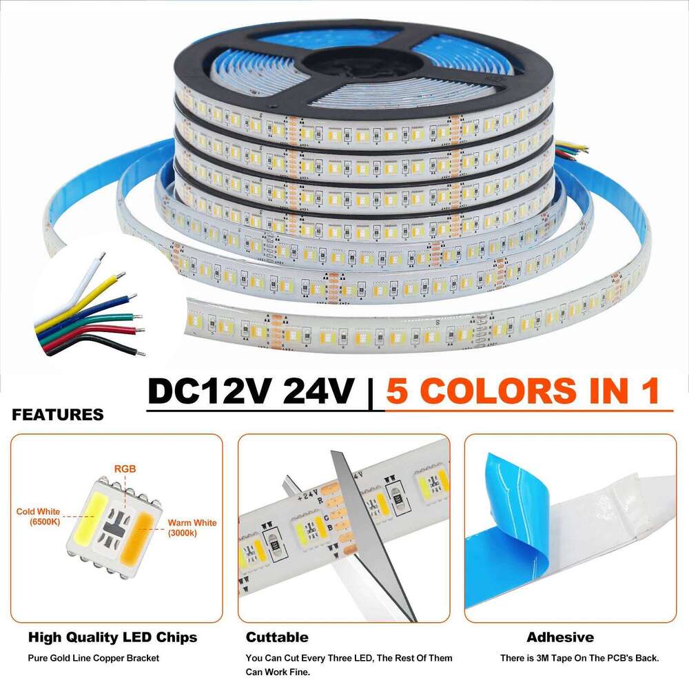 RGB CCT LED Strip DC 12V 24V 5 Colors In 1 Chip SMD 5050 60 96 Leds/M IP21 IP65 Home Decoration Flexible Ribbon Tape Rope Light Z260226