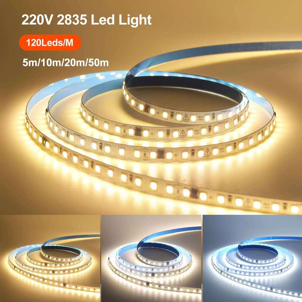 AC 220V SMD 2835 120Leds/M Strip IP44 3000K 4000K 6000K Home Decor Flexible Ribbon Rope Tape LED Light 5M 10M 50/Roll Z260226