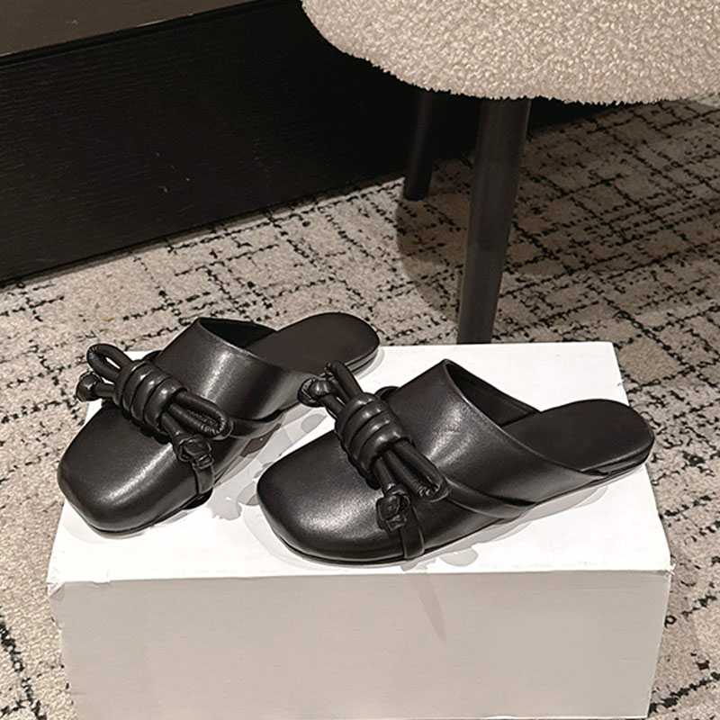 26ss Spring Summer New Womens Half Pack Slippers Designer Women loafers Classic Black Lazy Shoes Strap Decoration Upper Leather Fabric Genuine leather outsole