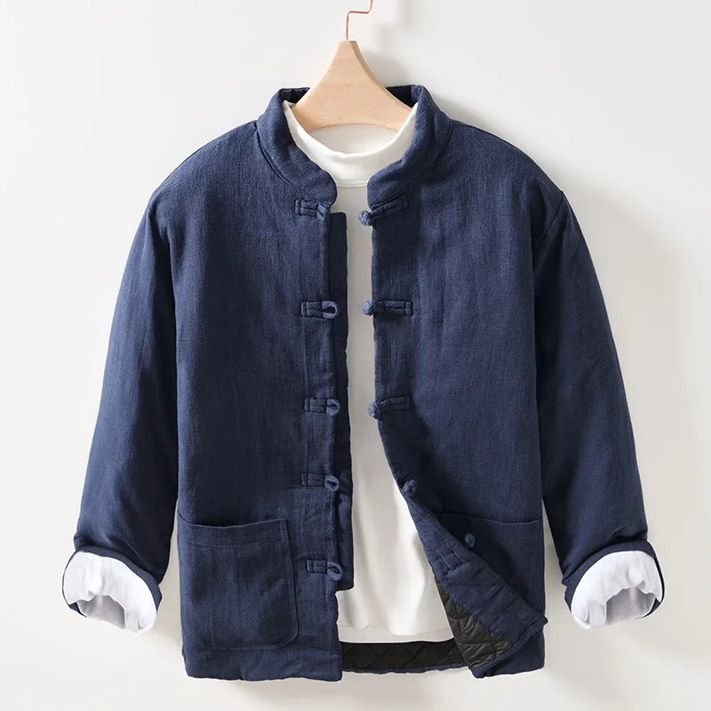 Retro Chinese Style Male Warm Padded Jacket Harajuku Loose Solid Color All-match Cotton Linen Knot Button Outwear Jacket Men 260227 - view 4