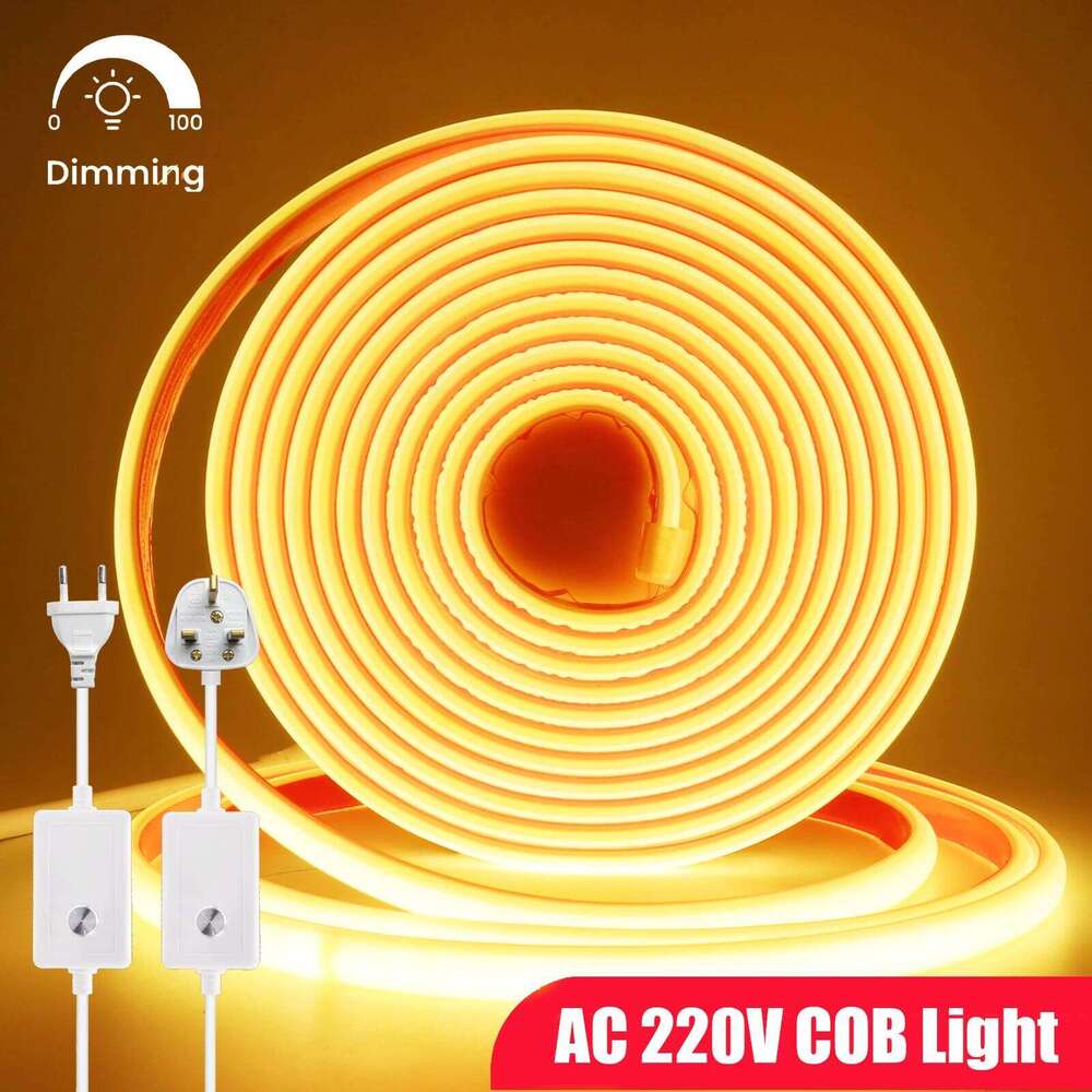 Dimmerable COB Neon Strip AC 220V EU UK Plug 3000K 4000K 6000K Waterproof Self Adhesive Home Decor Flexible Ribbon Chain Light Z260226