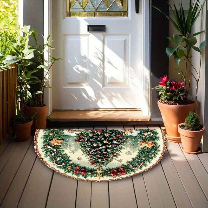VIKAMA Christmas Theme Half Round Doormat Pine Bow Festive Decorative Rugs For Entryway Living Room Ins Style Home Decoration H260226