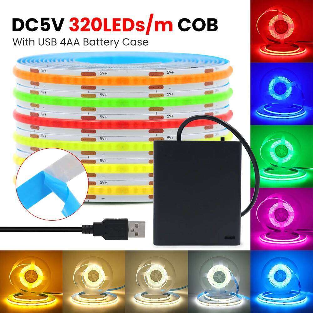 5V USB 3mm 5mm PCB COB Led Strip Light Battery Power with Switch DC 8mm White Red Yellow 320 LEDs Flexible Adhesive Tape Lamp Z260226