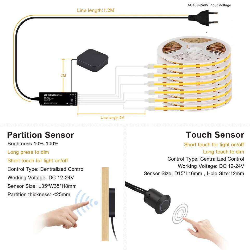 Under Cabinet COB LED Strip Light Collection Display Closet Bookcase Wardrobe Lamp Tape Penetrable Wood Dimmable Touch Sensor Z260226