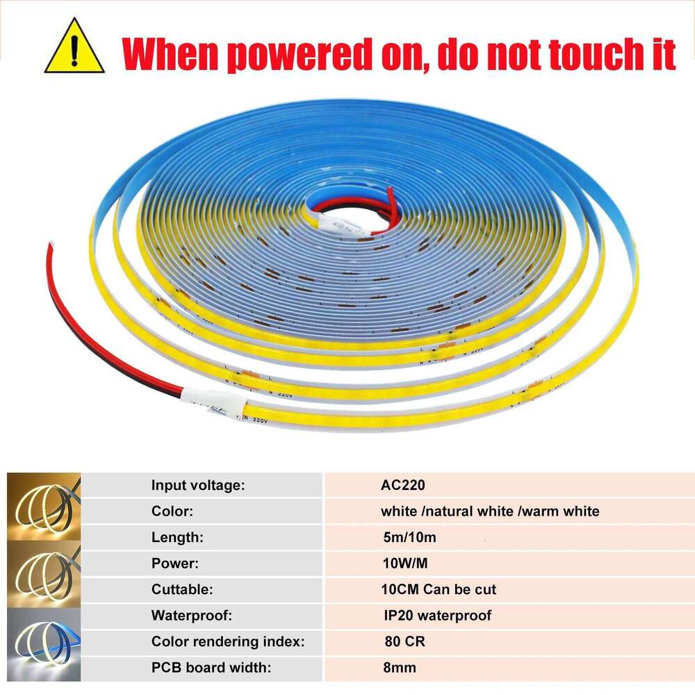 AC 220V COB Strip IP20 3000K 4000K 6000K Home Decor High Brighter 240Leds/M Flexible Ribbon Rope Tape LED Light 5M 10M 50/Roll Z260226