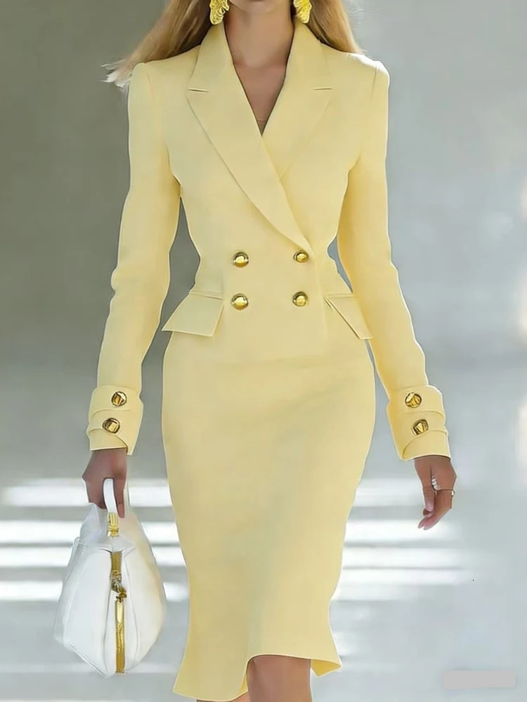 Elegant V-neck Double breasted Blazer Dress Fashion Commute Hight Waist Solid Party Dress Lady Casual Long Sleeve Wrap Hip Dress 260227