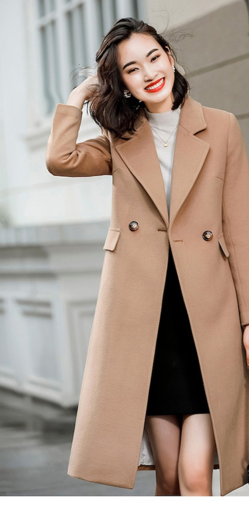 Womens autumn and winter minimalist double breasted long sleeved lapel button down woolen jacket with loose commuting fit 240823