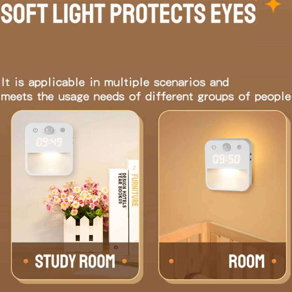 Motion Sensor LED Night with Time Display EU and US Socket Plug-in Wall Lamp Smart Sensing Light for Hallway Stair Bedroom Z260227