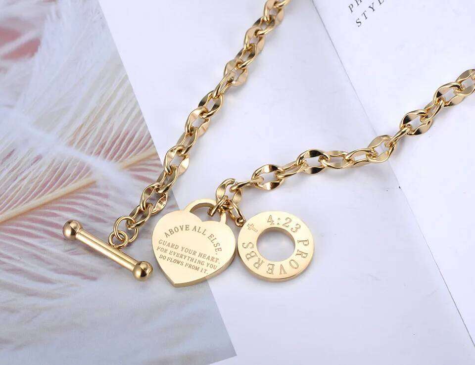 Titanium Stainless Steel Heart Charm Pendant Necklaces Jewelry Classic Love Bible Proverbs O Chain Necklace