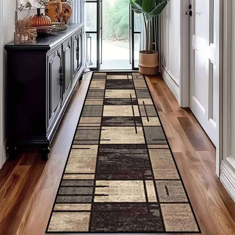 Modern Khaki Geometric Runner Carpet Dark Grey Black Pattern Long Hallway Rug Contemporary Narrow Space Floor Mat Decoration H260226