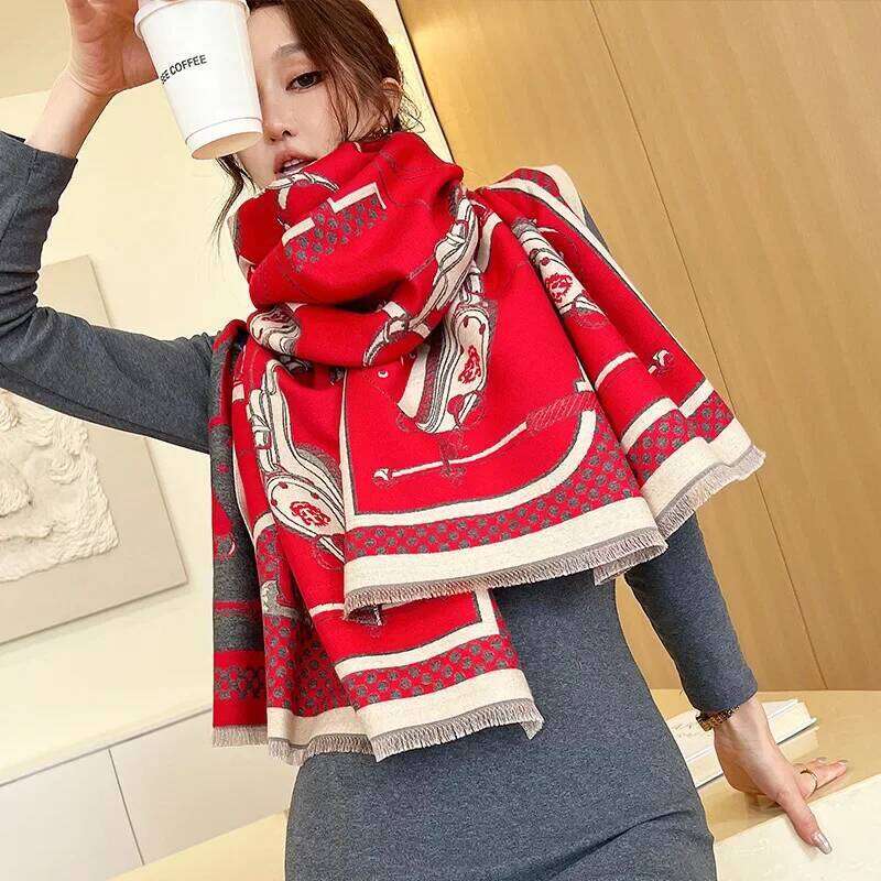 Luxury Horse Winter Cashmere Scarf Women Design Warm Pashmina Shawl Wraps Bandana Female Thick Blanket Soft Bufanda Foulard Z260226