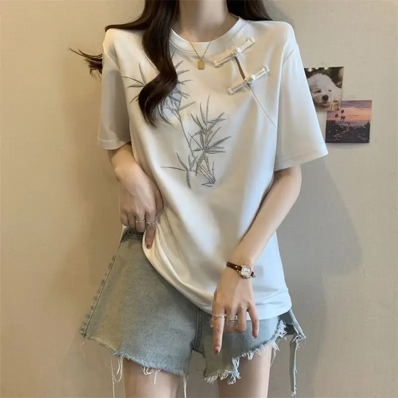 Chinese Style Bamboo Embroidery Frog Button Short Sleeve Tshirt Womens Summer Loose Slim Top 260227