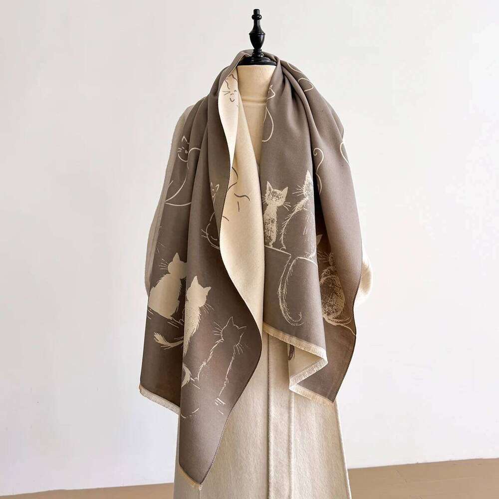 New Luxury Winter Cashmere Little Cat Print Scarf Women Warm Pashmina Poncho Scarves Fashion Shawl Thick Foulard Bufanda Z260226