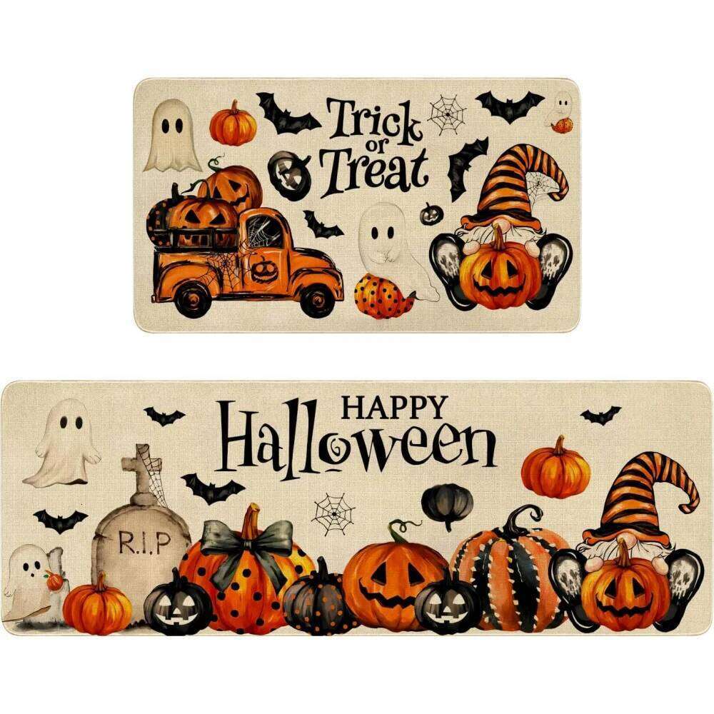 1/2pcs Halloween Kitchen Floor Mats Ghost Pumpkin Balcony Porch Carpet Washable Entrance Welcome Doormat Home Decor Accessories H260226