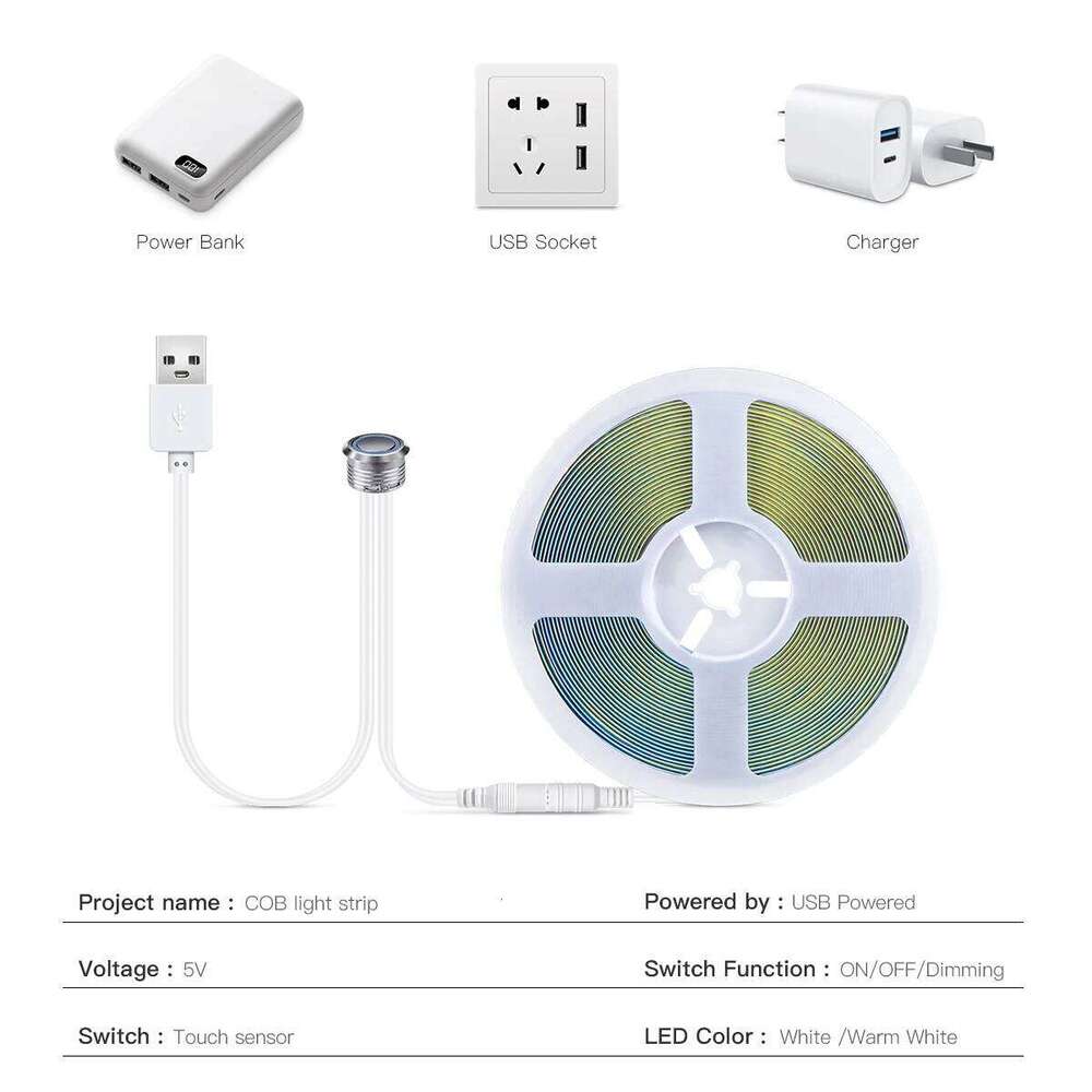 Dimmable Touch Sensor Switch USB COB LED Strip Light 320leds/m Diode Tape 5V Cabinet Lights Cupboard Kitchen Bedside Night Lamp Z260226